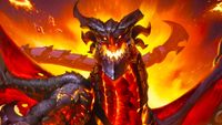 Key art for Hearthstone's Cataclysm expansion. A metal-jawed dragon with several horns on his head bares his razor sharp teeth. A wall of fire glows behind him.
