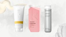 Lineup of three of the best conditioners for fine hair (L-R) from Philip Kingsley, Kevin Murphy and Living Proof, on a white background with conditioner swatches