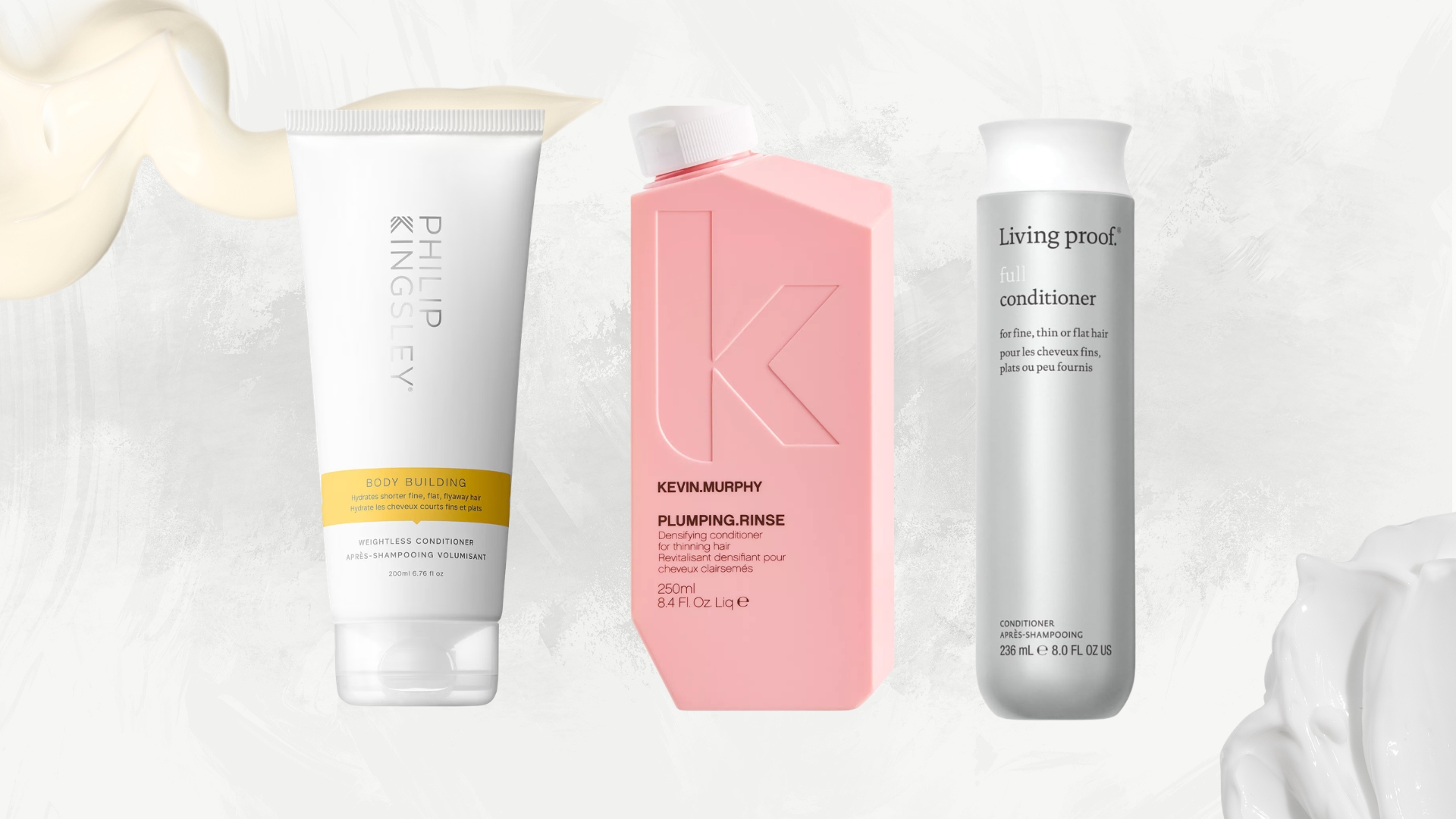Lineup of three of the best conditioners for fine hair (L-R) from Philip Kingsley, Kevin Murphy and Living Proof, on a white background with conditioner swatches