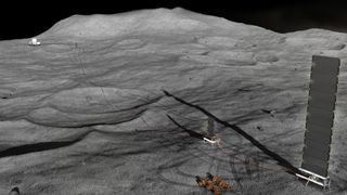 illustration of a small, faraway moon base on the hilly, crater-marked surface of the moon.