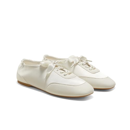 Vivaia Cristina Square Toe Lace Up Sneakerina for Women, Satin Foldable Ballet Flat, Comfortable Lightweight Fashion Flat Sneaker, Cream, Us7.5