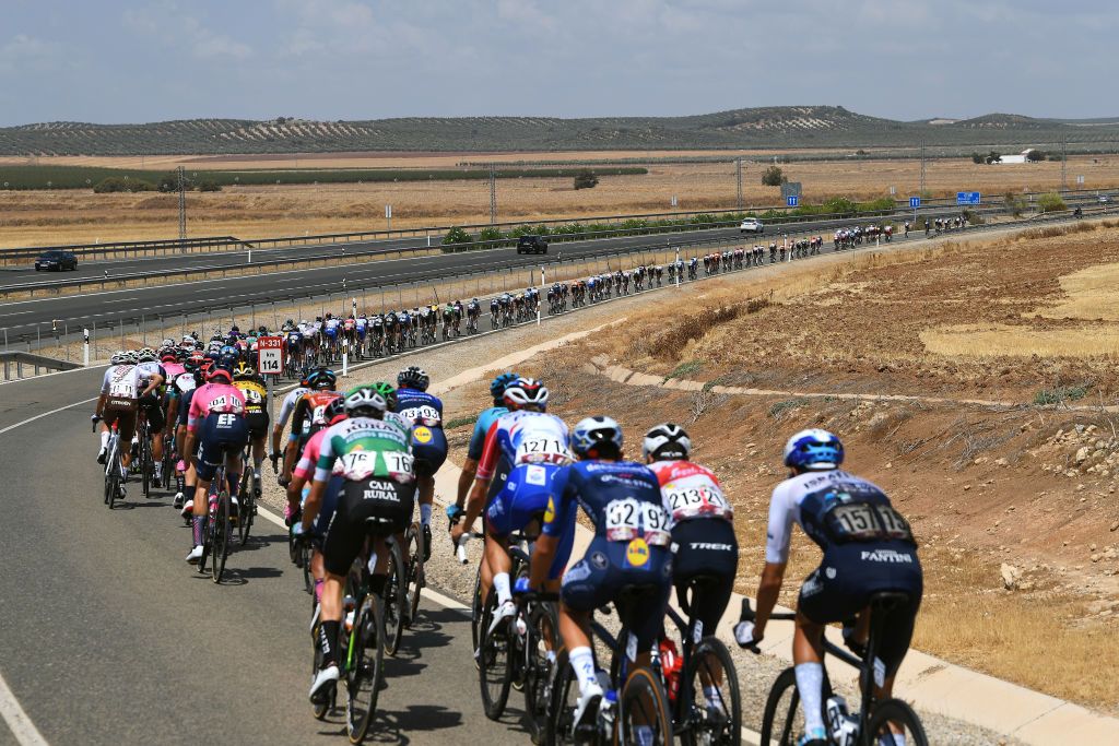 VALDEPEAS DE JAN SPAIN AUGUST 25 A general view of the peloton during the 76th Tour of Spain 2021 Stage 11 a 1336km stage from Antequera to Valdepeas de Jan 1009m lavuelta LaVuelta21 on August 25 2021 in Valdepeas de Jan Spain Photo by Tim de WaeleGetty Images