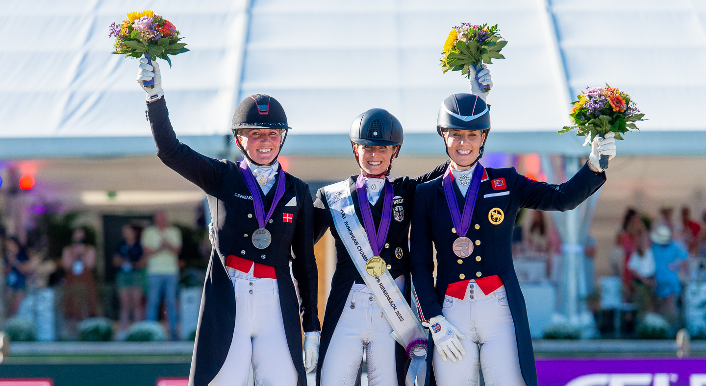Nanna Skodborg Merrald, Jessica von Bredow-Werndl and Charlotte Dujardin on the individual podium at the European Dressage Championships.