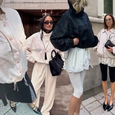 a collage of women wearing bohemian windbreaker outfits with lace skirts, shorts, and pants 