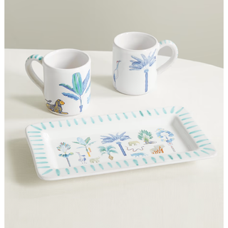 mugs and tray set in a matching blue animal print