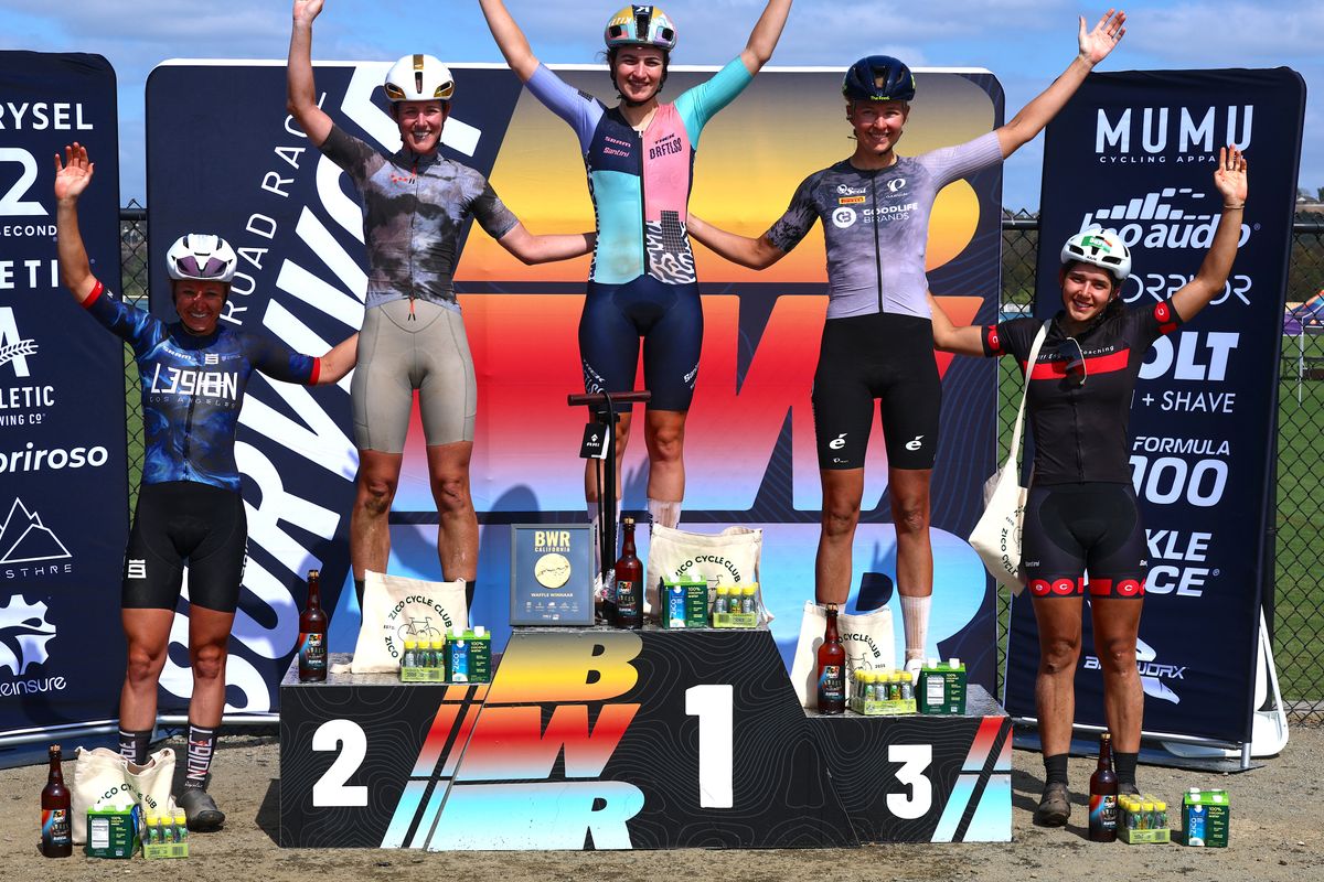 Elite women's podium in 2026, with winner C&eacute;cilie Lejeune on top step