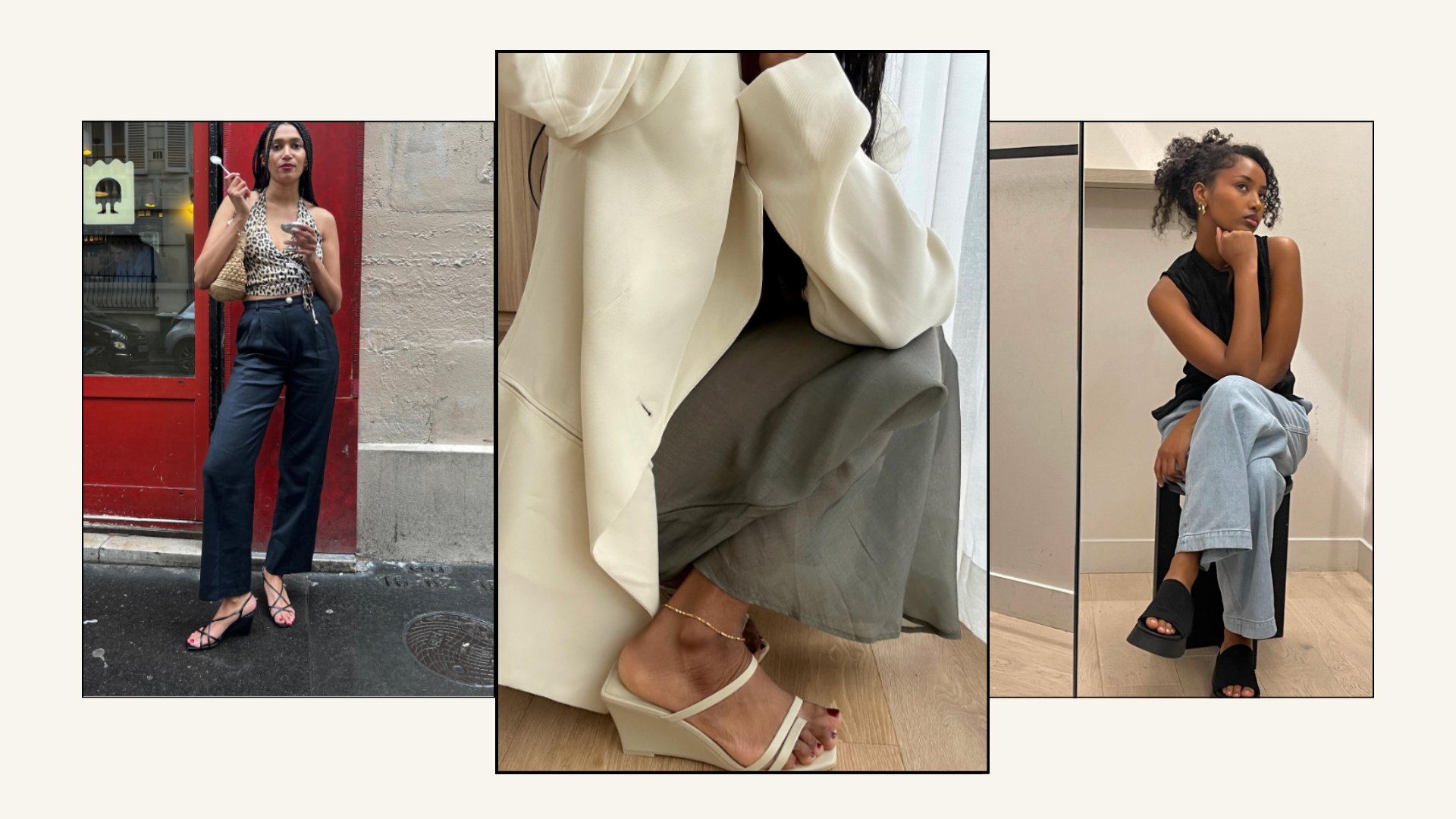 Three influencers wearing the wedge shoe trend