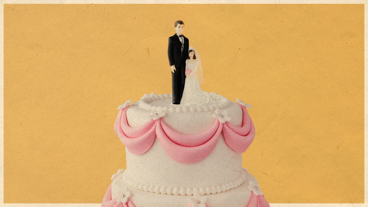 Photo collage of a white and pink tiered wedding cake, with a groom-and-bride cake topper. The bride reaches only about to the groom&#039;s elbow.