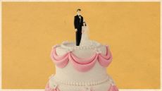 Photo collage of a white and pink tiered wedding cake, with a groom-and-bride cake topper. The bride reaches only about to the groom's elbow.