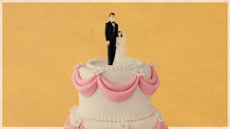 Photo collage of a white and pink tiered wedding cake, with a groom-and-bride cake topper. The bride reaches only about to the groom's elbow.