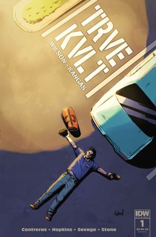 A man lays on the pavement in front of a car on the cover of TRVE KVLT. Art by Fabian Lelay and Lizard.