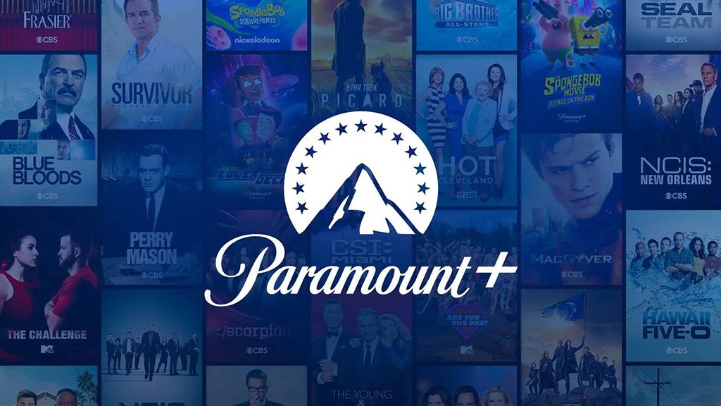 Paramount Plus UK logo in front of promo images for movies and TV shows available on the platform