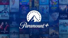 Paramount Plus logo in front of promo images for movies and TV shows available on the platform