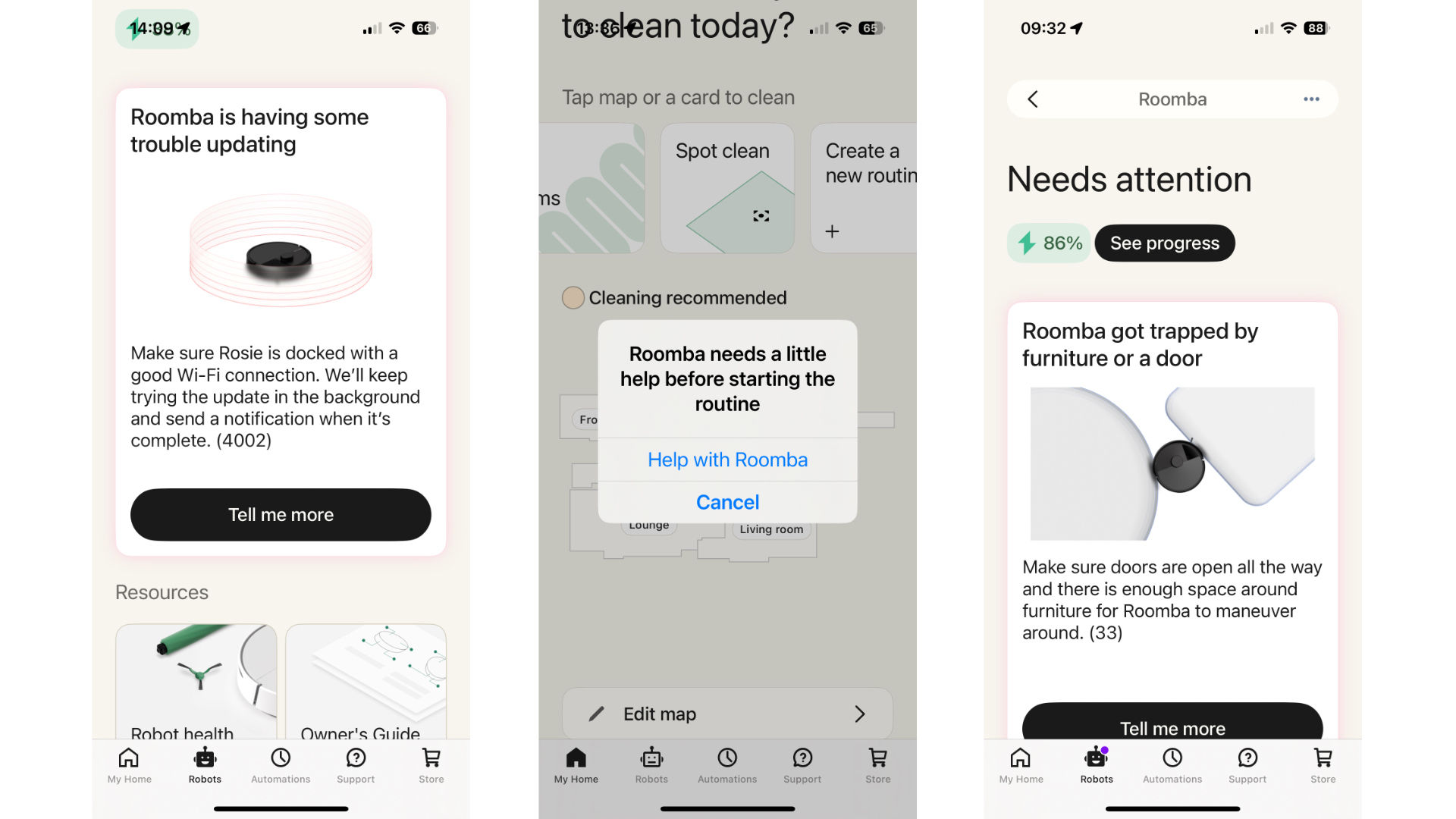 Screenshots from iRobot companion app