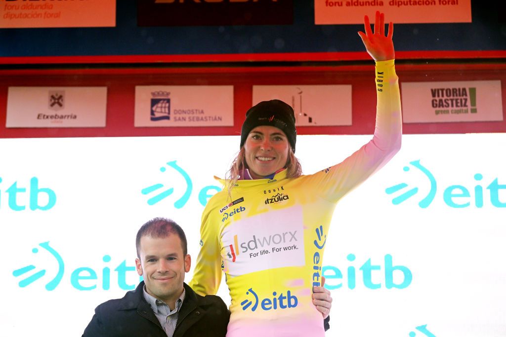 MARKINA SPAIN MAY 12 Demi Vollering of The Netherlands and Team SD Worx celebrates at podium as Yellow leader jersey winner during the 2nd Itzulia Women 2023 Stage 1 a 1222km stage from Etxebarria to MarkinaXemein UCIWWT on May 12 2023 in Markina Spain Photo by Dario BelingheriGetty Images