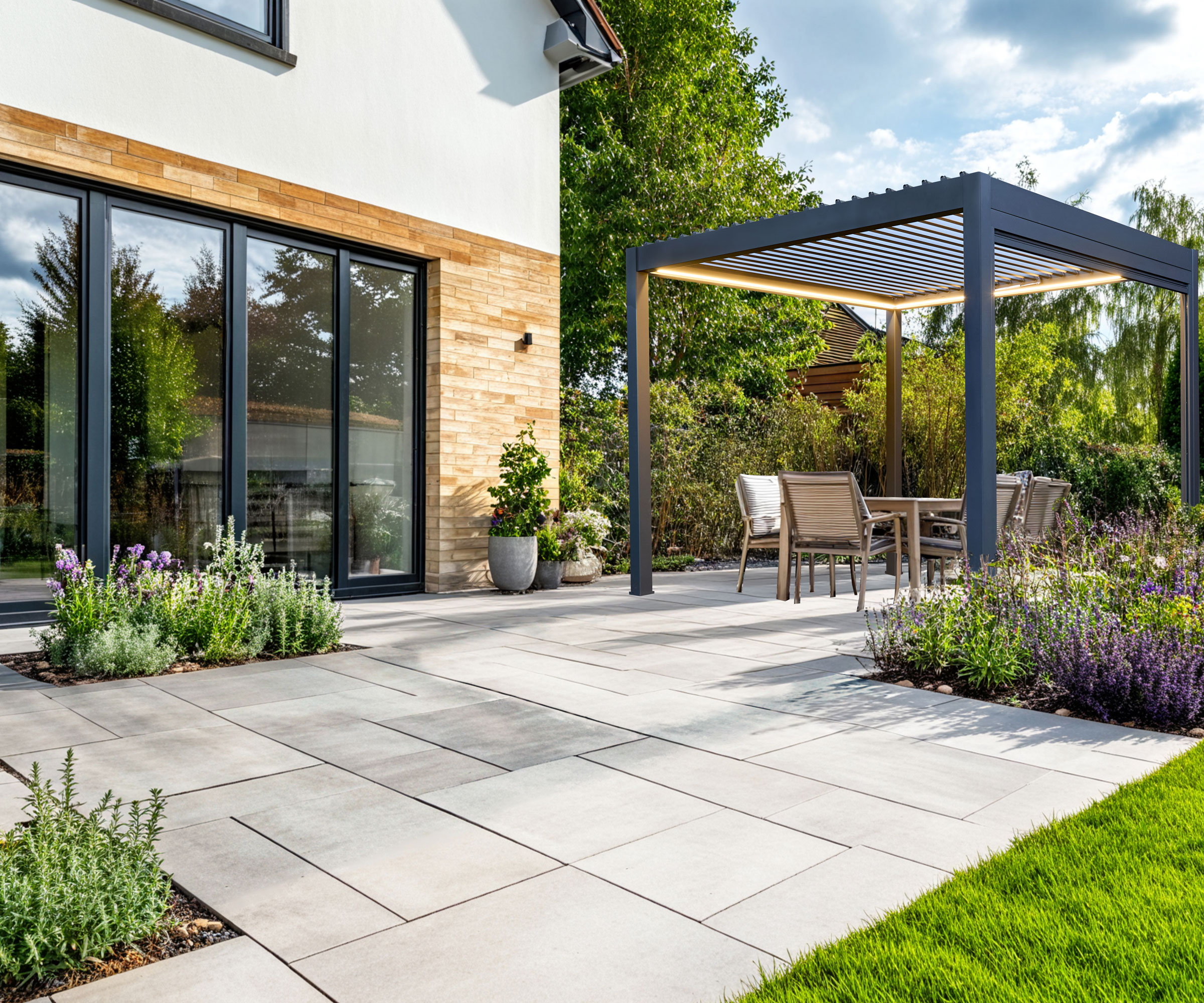 patio with pergola, garden furniture and planting beds