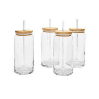 Four drinking glasses with wooden lids and straws