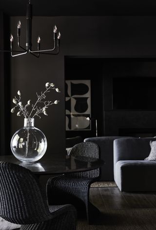 A dark charcoal living room