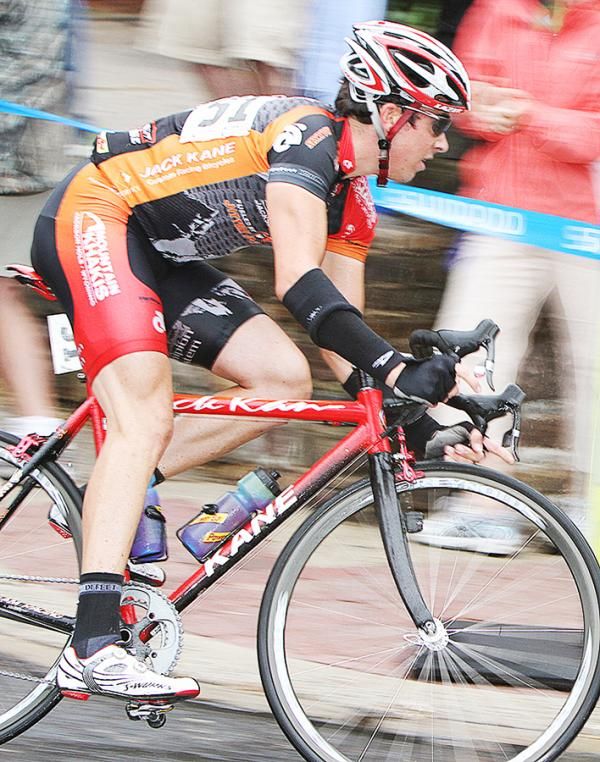 Neil Bezdek (Mountain Khakis/Jittery Joe's) heads downhill gingerly before a tricky right hand turn.
