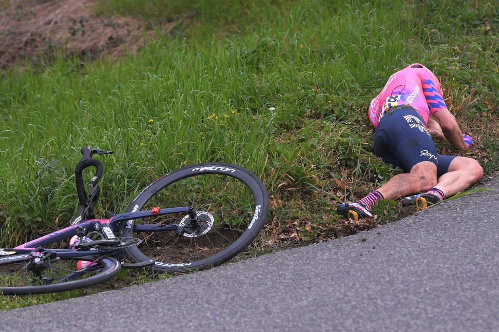 LA CTESAINTANDR FRANCE MARCH 12 Michael Woods of Canada and Team Ef Education First Crash Injury during the 78th Paris Nice 2020 Stage 5 a 227 km stage from Gannat to La CteSaintAndr on ParisNice parisnicecourse PN March 12 2020 in La Cote France Photo by Luc ClaessenGetty Images