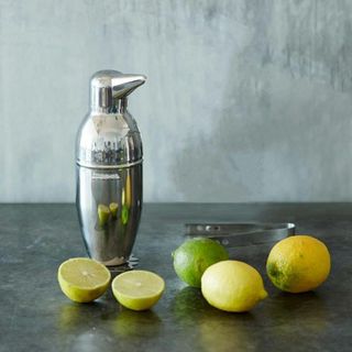 Image of the penguin cocktail shaker on a table near lemons