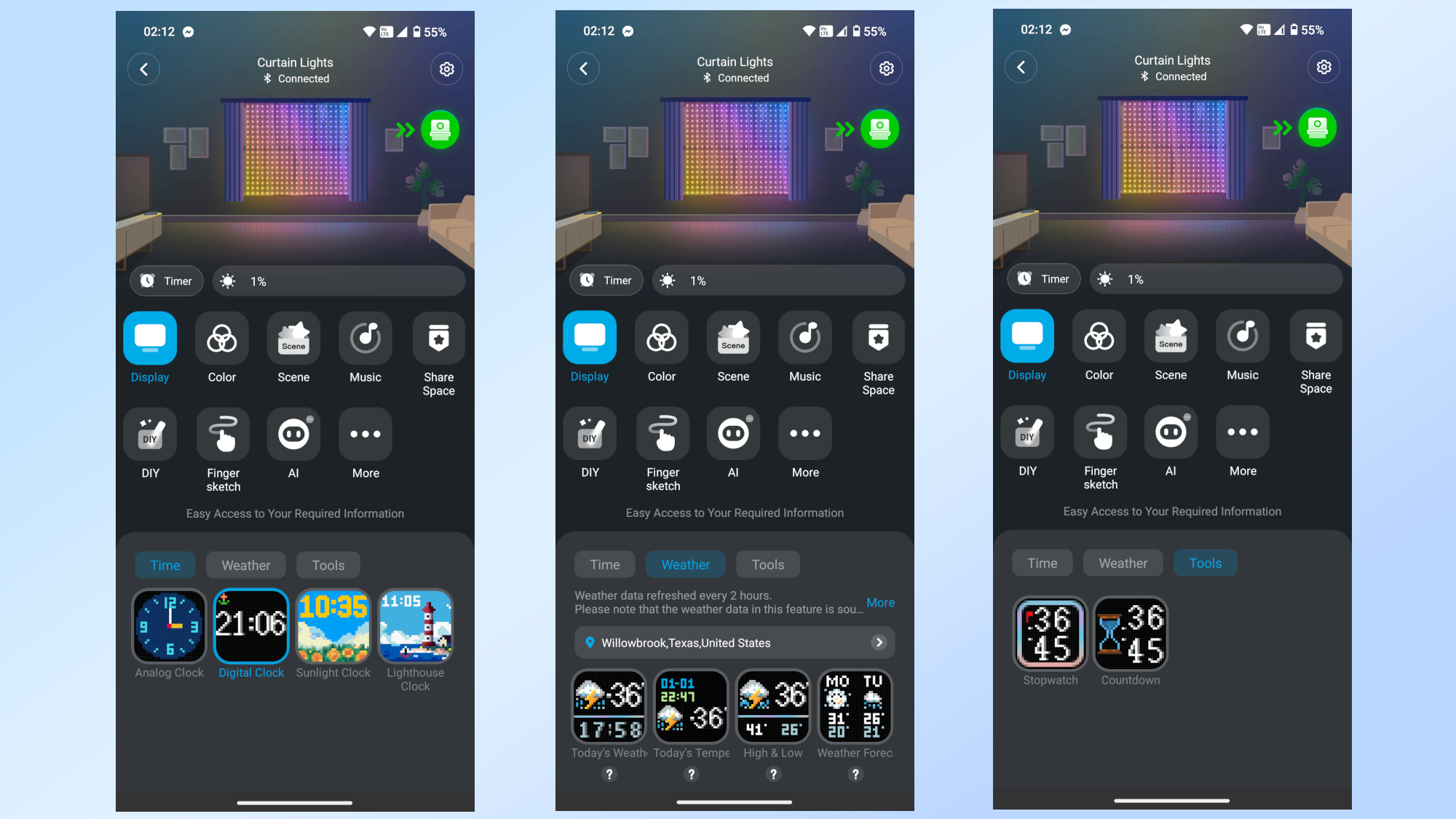 A series of screenshots showing the various display and weather options for the Govee Curtain Lights Pro