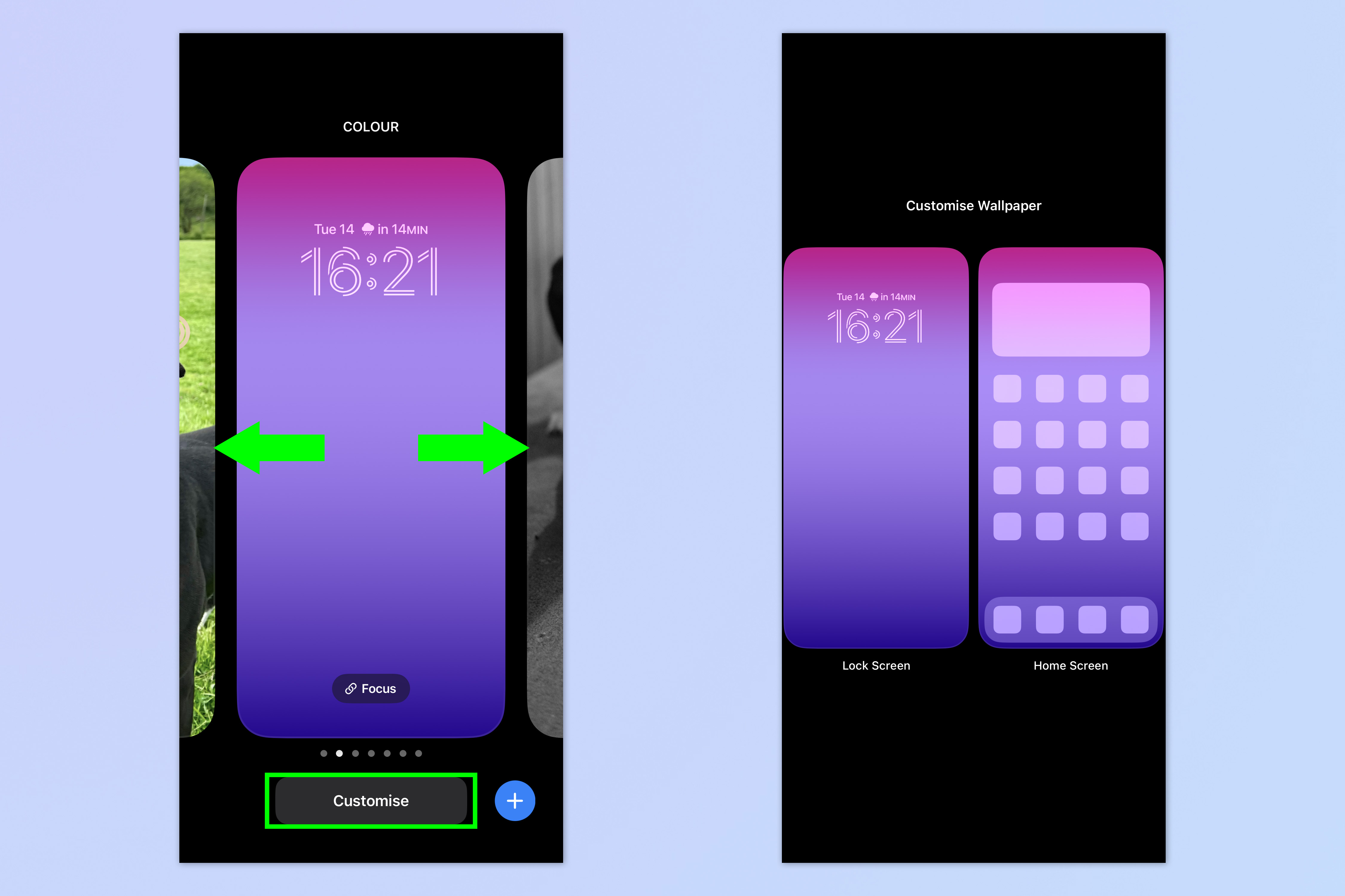 Скриншот, показывающий шаги, необходимые для удаления обоев на iPhone.