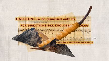 Photo collage of a cordyceps sinensis mushroom, Nepalese mountains, and prescription labels. 