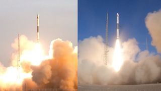 side-by-side photos of two daytime rocket launches