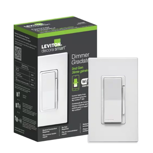 Decora Smart Wi-Fi Dimmer Switch and packaging against white background.