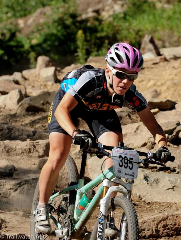 Jill Behlen descends through a tricky rock garden