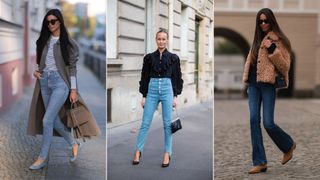 Three women showing how to style high waisted jeans for petite figures