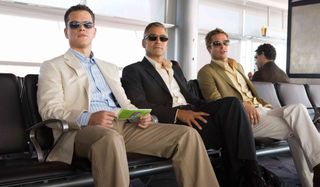 Ocean's Thirteen Matt Damon George Clooney and Brad Pitt waiting around at the airport