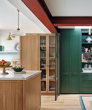 modern kitchen with green cabinets