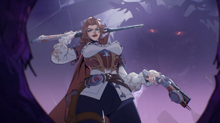 Elsa Bloodstone holds a rifle on her shoulder, and a pistol in the other hand
