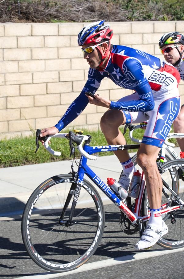 George Hincapie, the three time USPro Champion, was back on his phone during the ride.