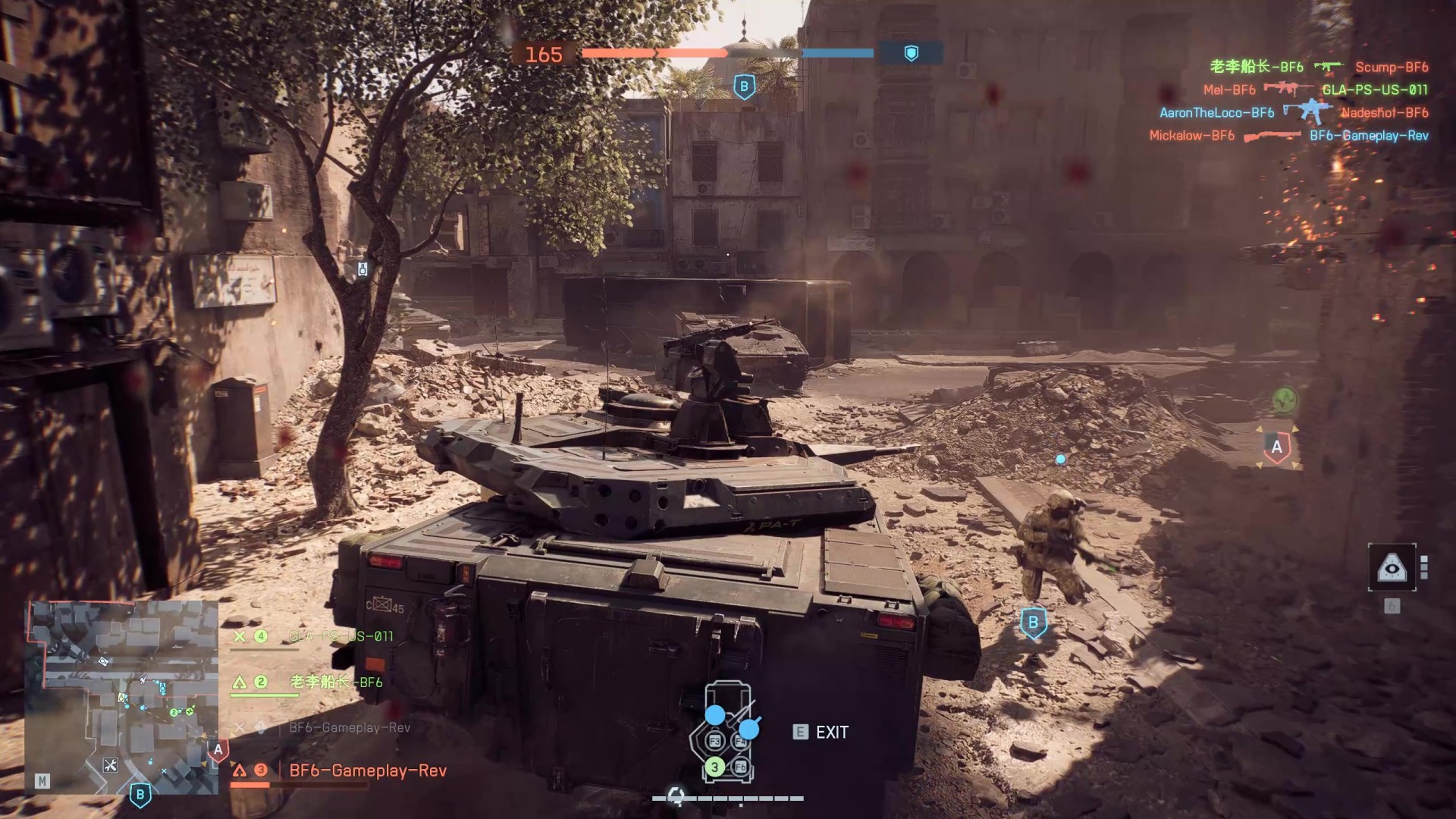 An armored vehicle drives through a ruined street in Battlefield 6