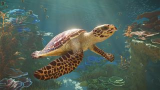 A sea turtle in an aquarium with sunlight shining off its back