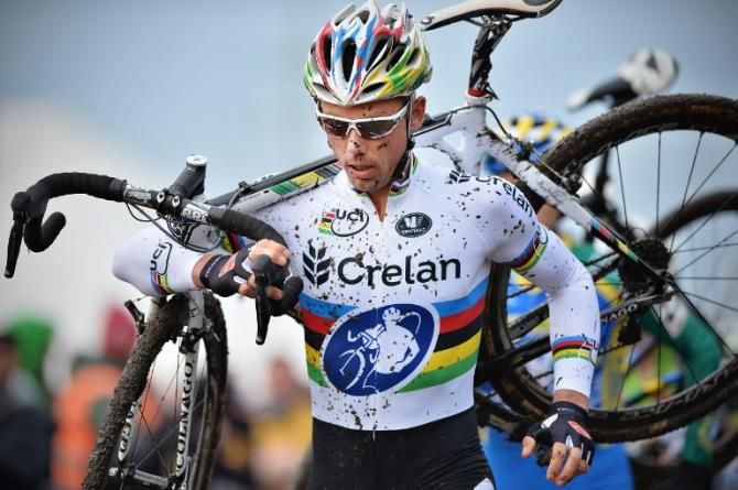 World champion Sven Nys shoulders his custom-painted Colnago during the 2013 Jaarmarktcross in Niel, Belgium