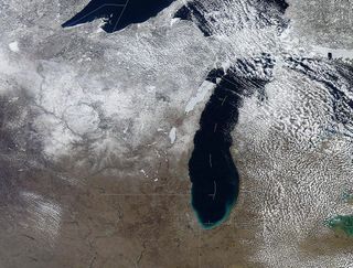 Snow covering the Lake Michigan area on April 2, 2013. 