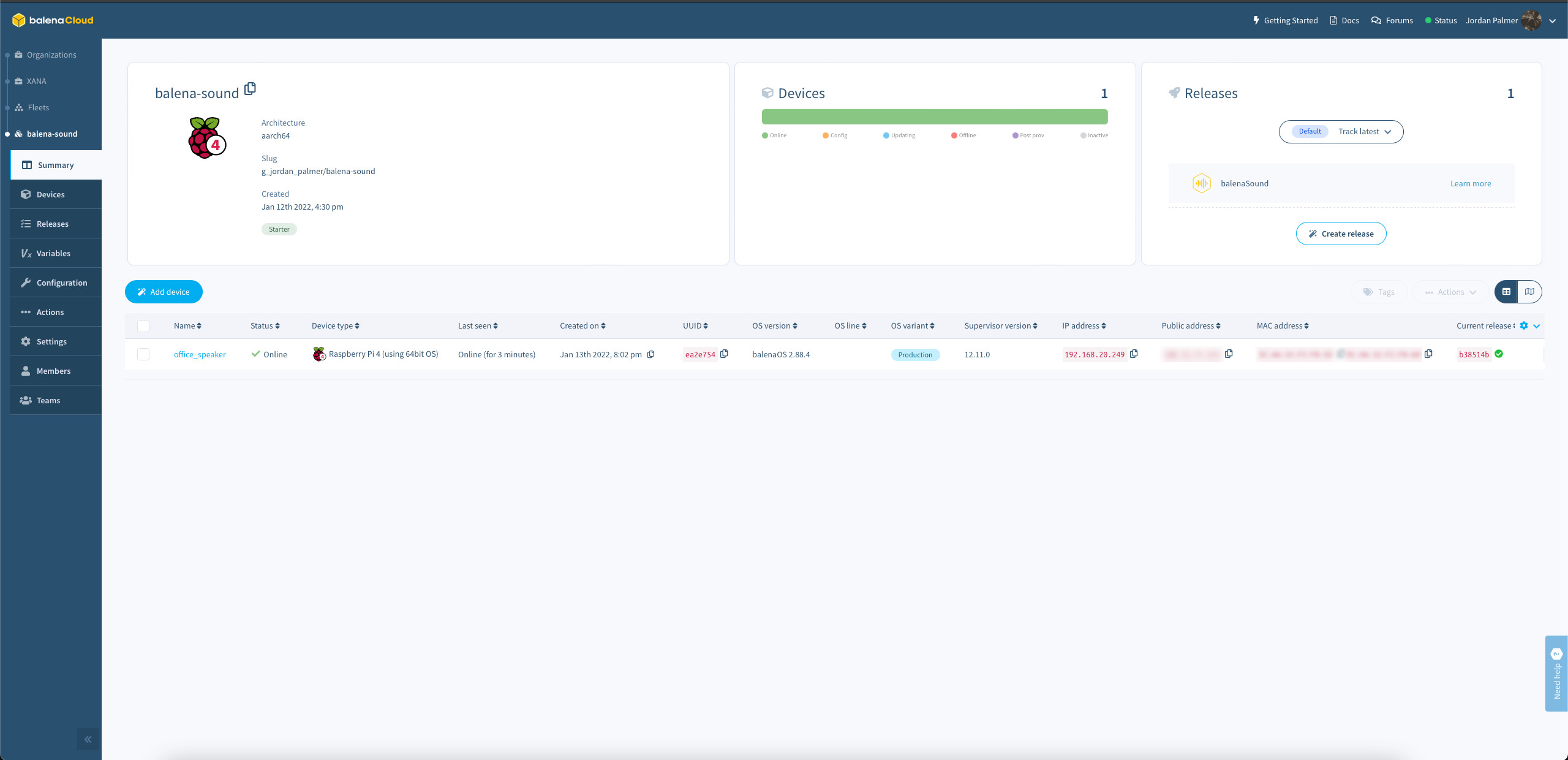 balenasound cloud dashboard - jordan