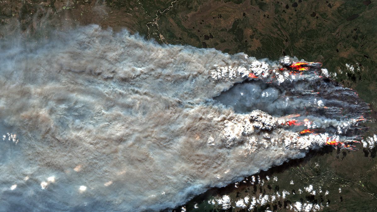 A huge plume of smoke spreading from several wildfires in Canada&#039;s Northwest Territories seen in an image taken by the European satellite Sentinel-2