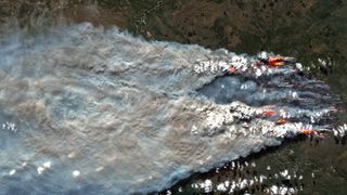 A huge plume of smoke spreading from several wildfires in Canada's Northwest Territories seen in an image taken by the European satellite Sentinel-2