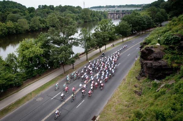 The peloton rolls along next to the the Schuylkill River.