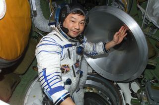 Astronaut Leroy Chiao in a Russian Sokol spacesuit.