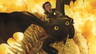 Toothless and Hiccup escaping fire in How To Train Your Dragon