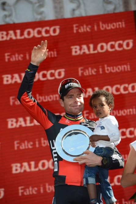 Cadel Evans (BMC) on the podium for his third place overall finish at the 2013 Giro d'Italia