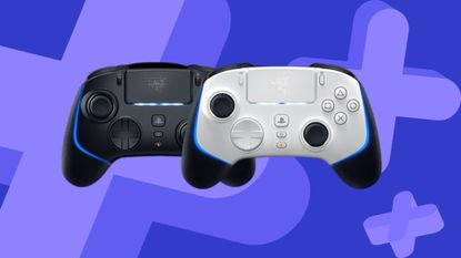 White and black Razer Wolverine V2 Pro controller on blue background