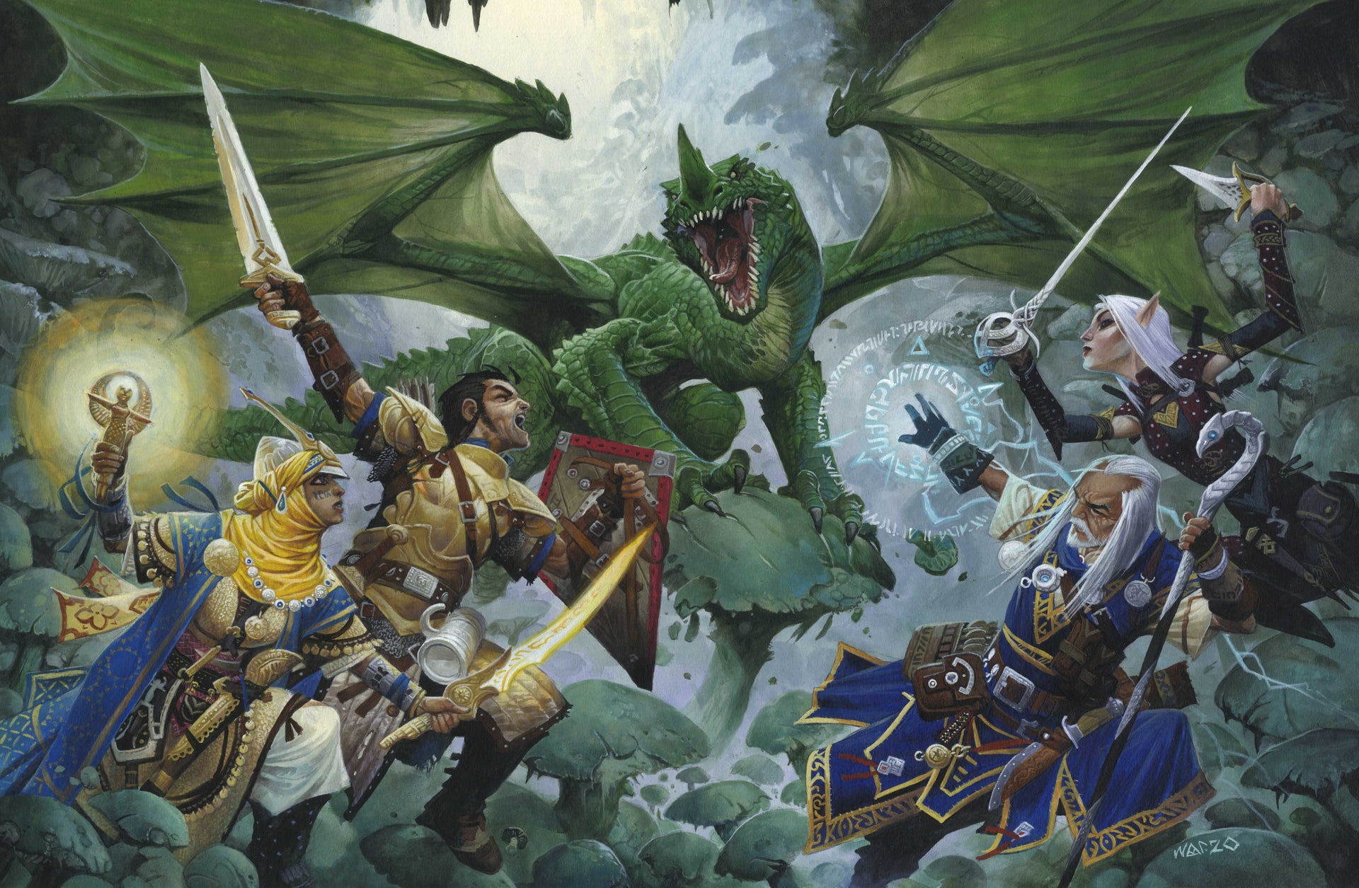 Un grupo de aventureros lucha contra un dragón.