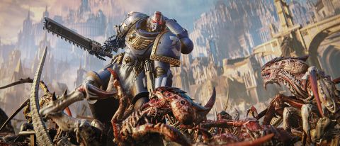 Hero artwork for Warhammer 40,000 Space Marine 2 showing an Ultramarine atop a pile of Tyranids